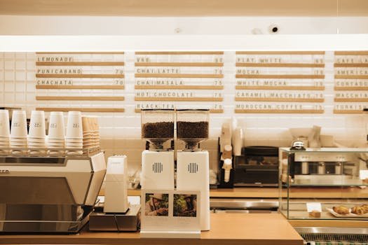 A cozy café counter featuring coffee machines, grinders, and a menu board.