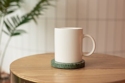 A minimalist shot of a white mug on a wooden table with a leaf plant in the background, perfect for mockups.