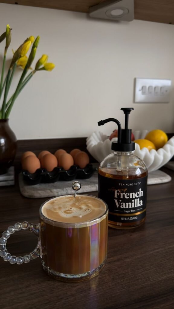 Warm kitchen setting with coffee, fresh eggs, and French vanilla syrup. Best coffee syrups for iced coffee. 
