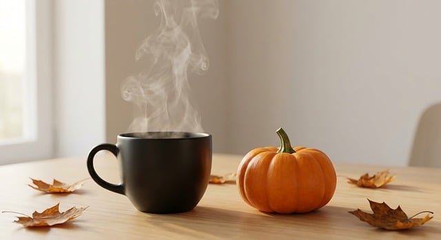 pumpkin spice latte with instant coffee halloween, coffee cup, pumpkin, steam, black mug, autumn, hot drink, home, cozy, seasonal, leaves, pumpkin decor, fall decor, nature, orange, warm drink, november, still life, cafe, warm atmosphere, autumn mood